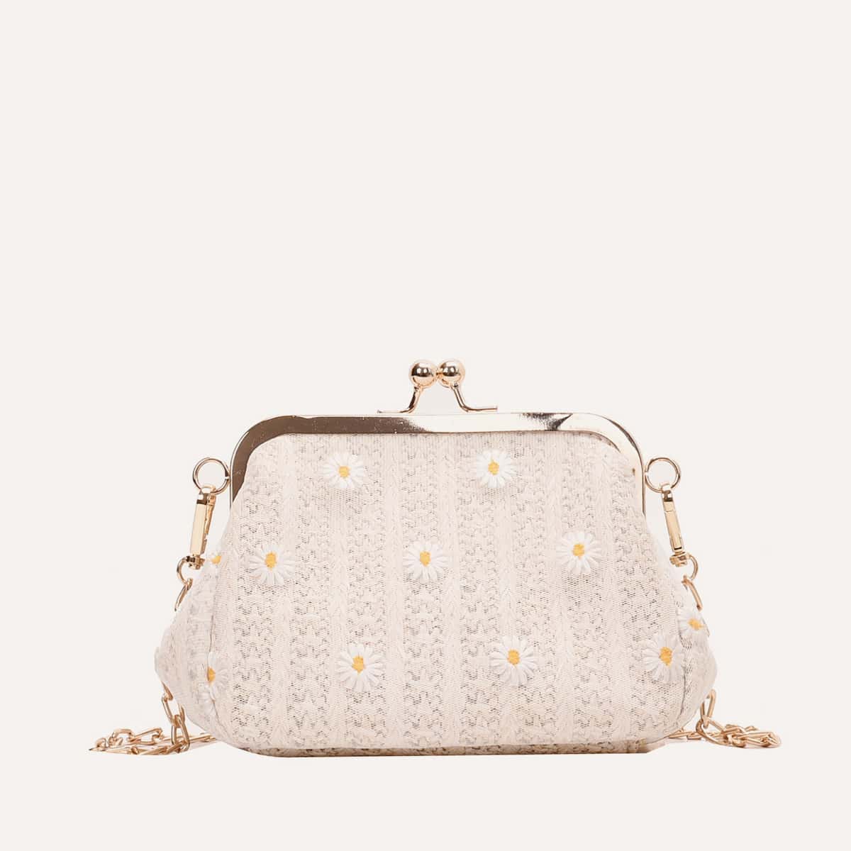 

Floral Embroidery Chain Crossbody Bag, Beige