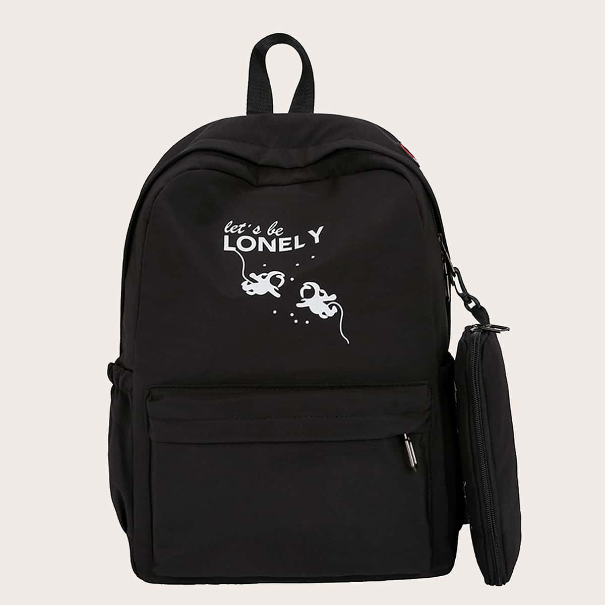 

Letter Graphic Backpack With Pencil Case, Black
