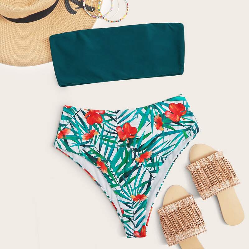 

Tropical Bandeau High Waisted Bikini Swimsuit, Green