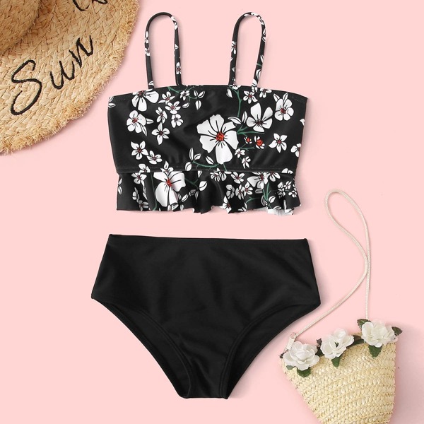 

Toddler Girls Floral Ruffle Hem Bikini Swimsuit, Black