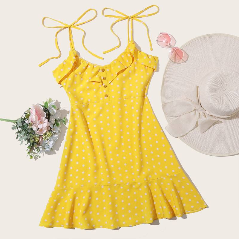 

Polka Dot Ruffle Trim Cami Dress, Yellow
