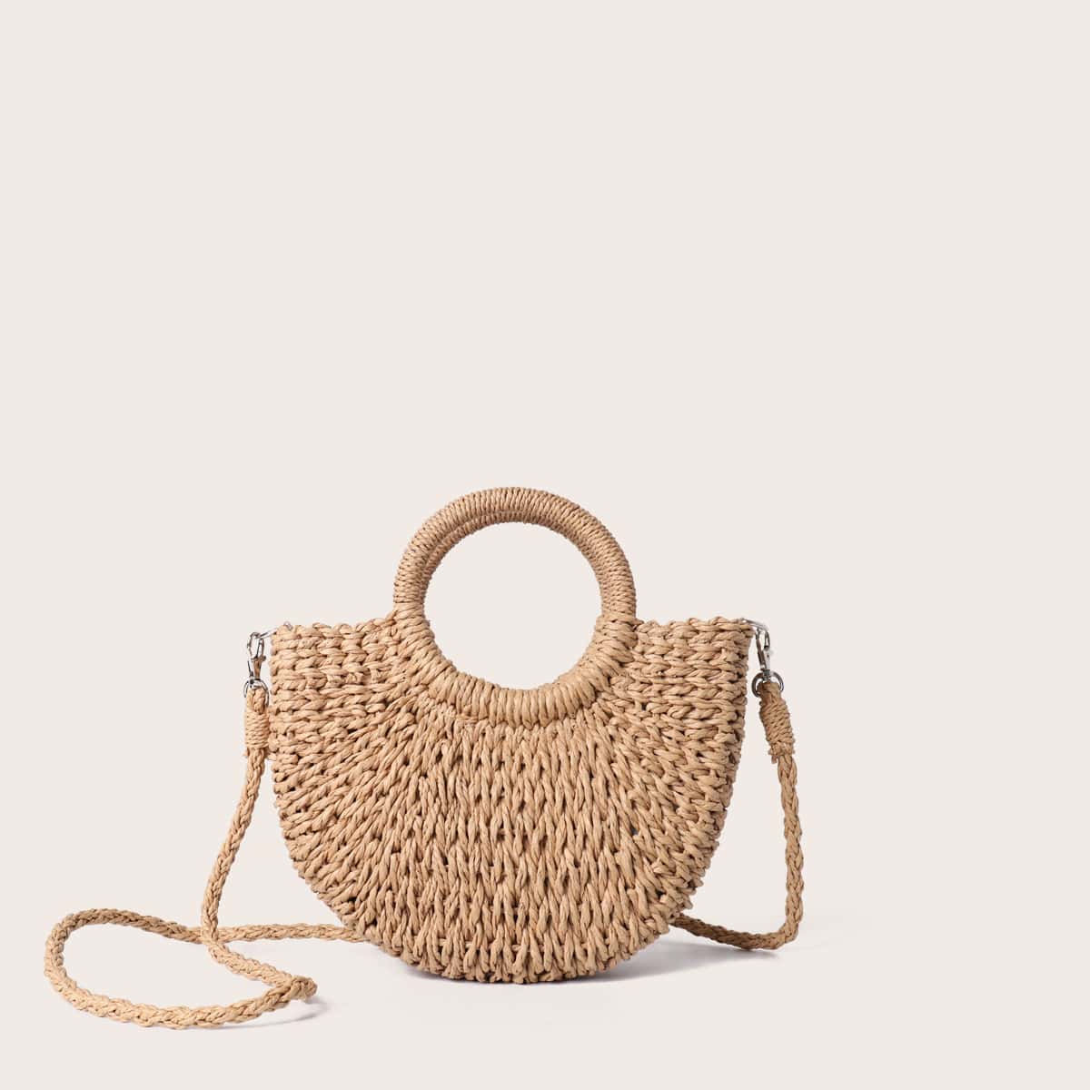 

Woven Satchel Bag With Double Ring Handle, Brown