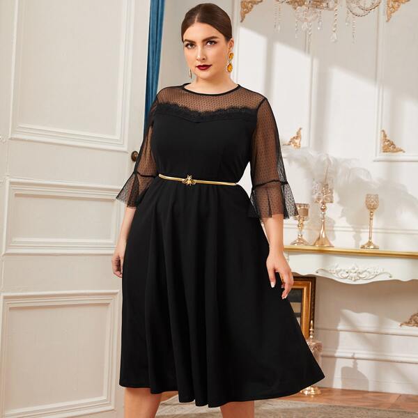 

Plus Bell Sleeve Dobby Mesh Yoke Lace Trim Dress Without Belt, Black