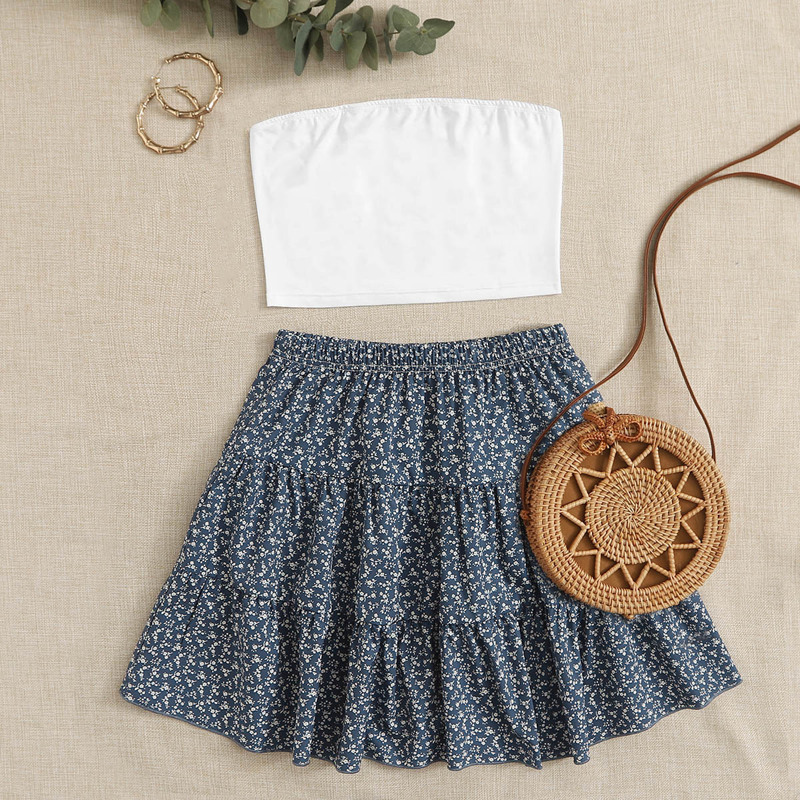 

White Tube Top & Ditsy Floral Skirt, Multicolor