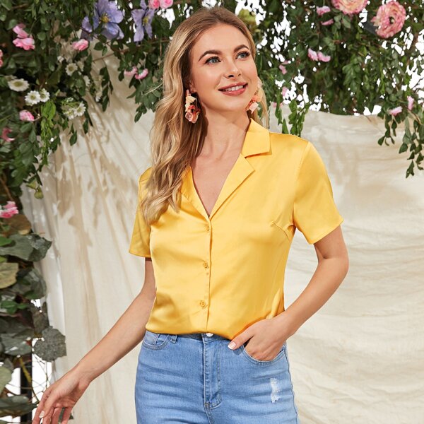 

Notched Collar Satin Shirt, Yellow
