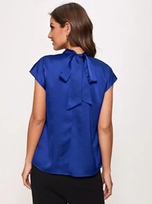 BizChic Crinkle Front Tie Back Satin Top Workwear - Blue - View 2