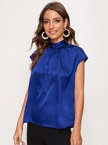 BizChic Crinkle Front Tie Back Satin Top Workwear - Blue - View 4