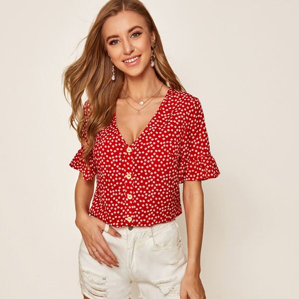 

Ditsy Floral Print Flounce Sleeve Button Front Top, Red