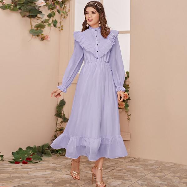 

Frilled Neck Button Front Ruffle Trim Maxi Dress, Purple pastel