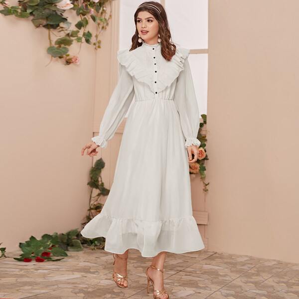 

Frilled Neck Button Front Ruffle Trim Maxi Dress, White