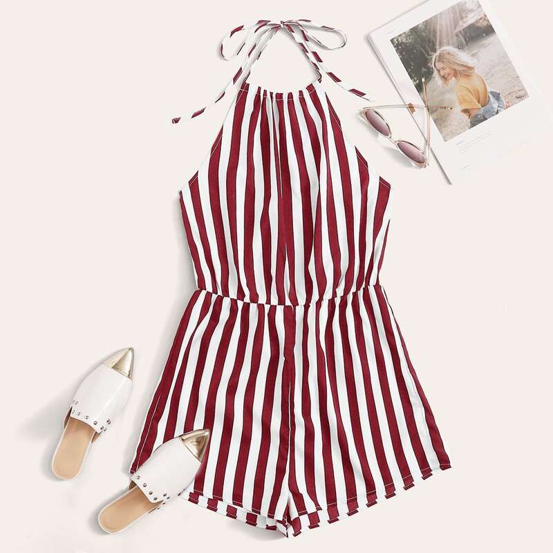 

Striped Print Halter Romper, Burgundy