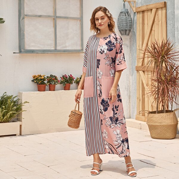 

Pocket Patched Striped & Floral Print Dress, Pink