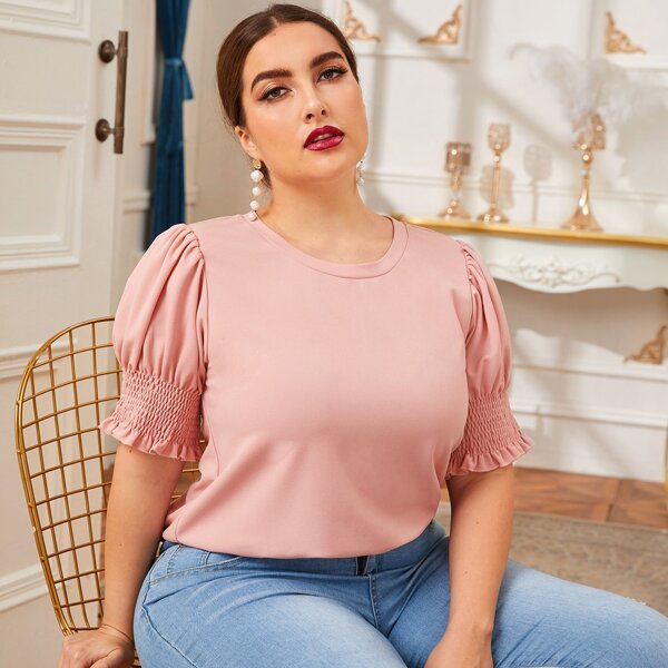 

Plus Shirred Frill Cuff Puff Sleeve Top, Pastel pink