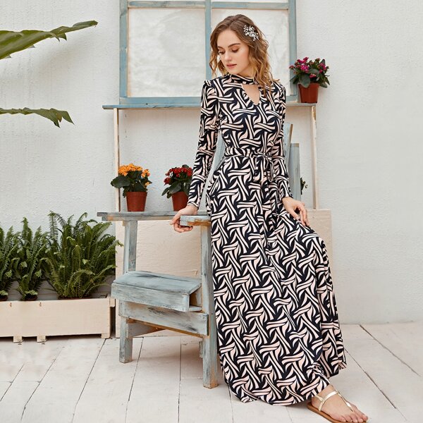 

Keyhole Neck Allover Print Belted Maxi Dress, Multicolor