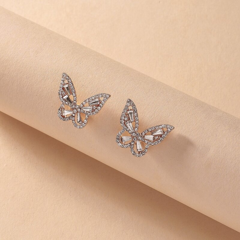 

1pair Rhinestone Decor Hollow Out Butterfly Shaped Stud Earrings, Gold