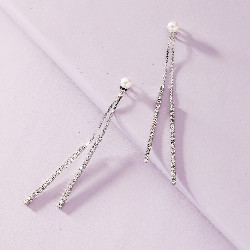 

1pair Pearl Decor Rhinestone Engraved Bar Drop Earrings, Silver