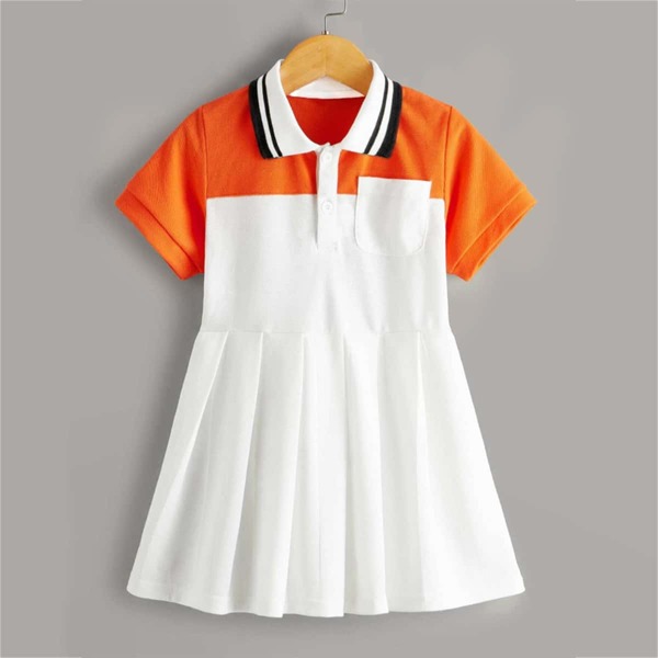 

Toddler Girls Polo Neck Pleated Hem Colorblock Dress, White