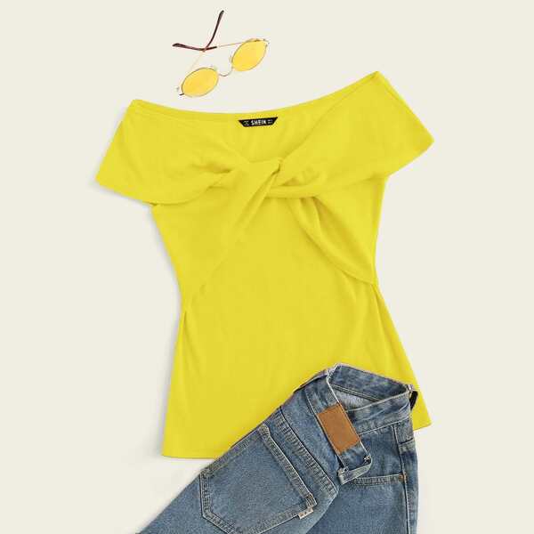 

Off Shoulder Twist Front Rib-knit Top, Yellow