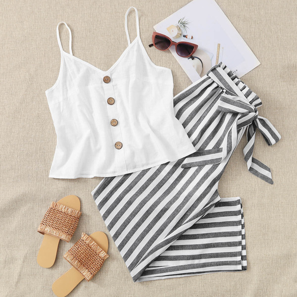 

Buttoned Front Cami Top & Paperbag Waist Striped Pants Set, Black and white