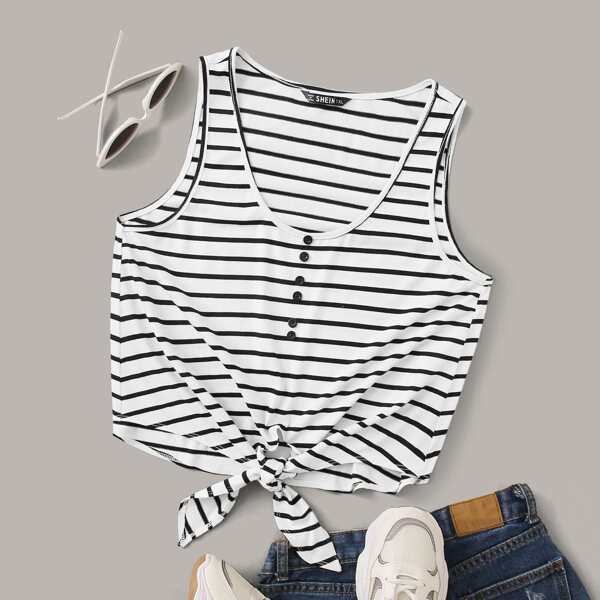 

Plus Tie Hem Buttoned Striped Tank Top, White