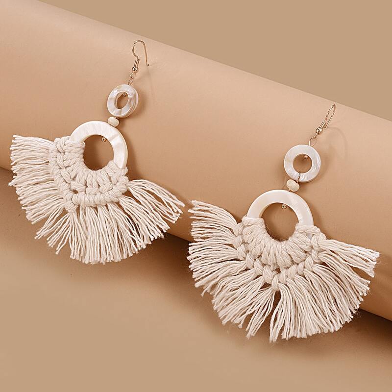 

Tassel Round Drop Earrings, Beige