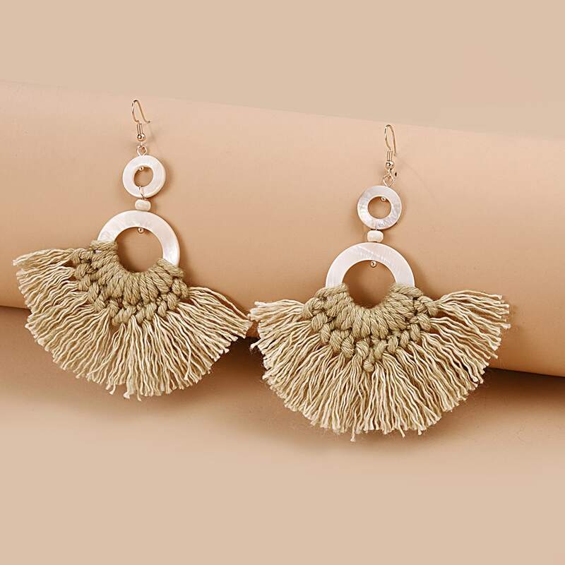 

Tassel Round Drop Earrings, Beige