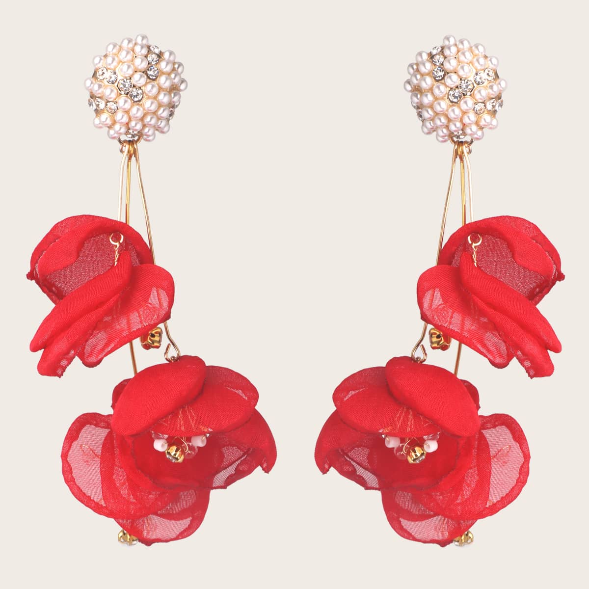 

Faux Pearl Flower Drop Earrings, Red