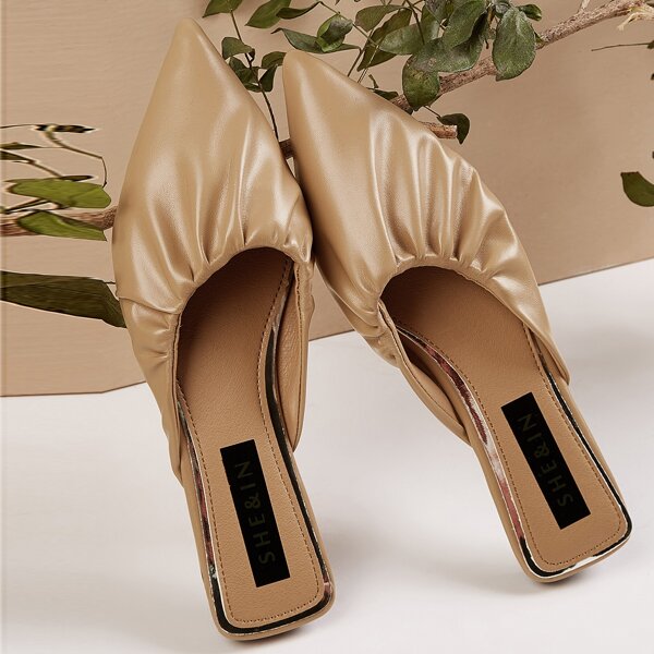 

Point Toe Ruched Flat Mules, Khaki