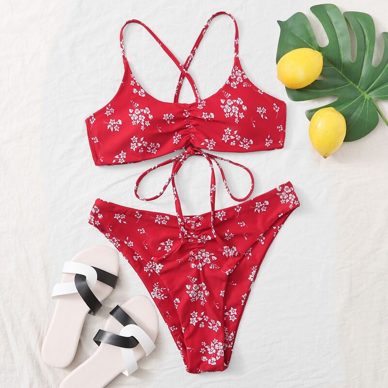

Floral Ruched High Leg Bikini Swimsuit, Red