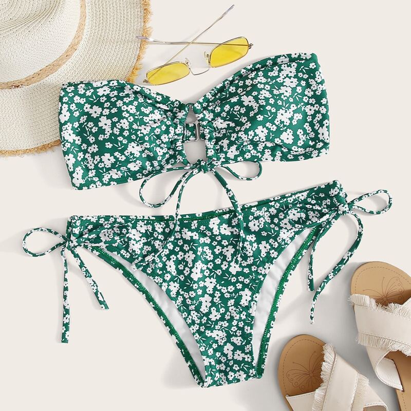 

Ditsy Floral Bandeau Tie Side Bikini Swimsuit, Green