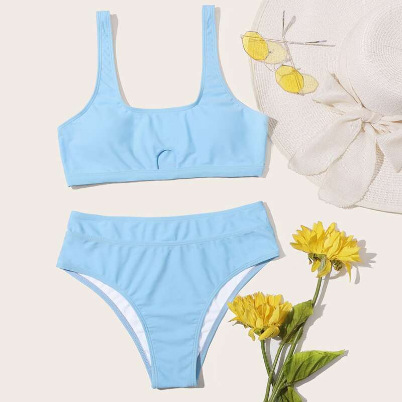 

Solid High Waist Bikini Swimsuit, Blue