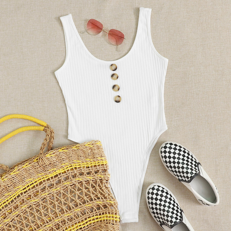 

Button Front Ribbed Thong Bodysuit, White