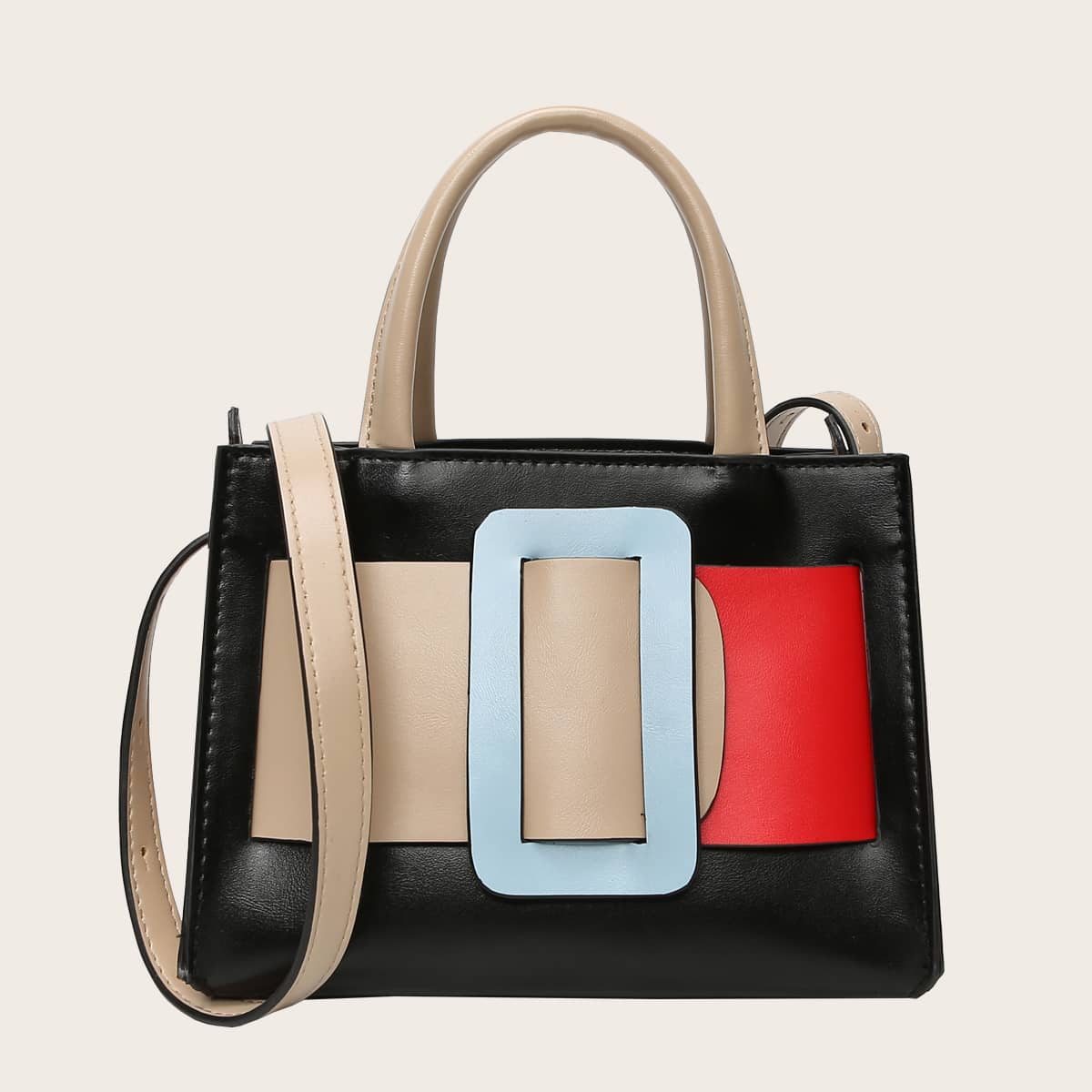 

Colorblock Buckle Decor Satchel Bag, Black