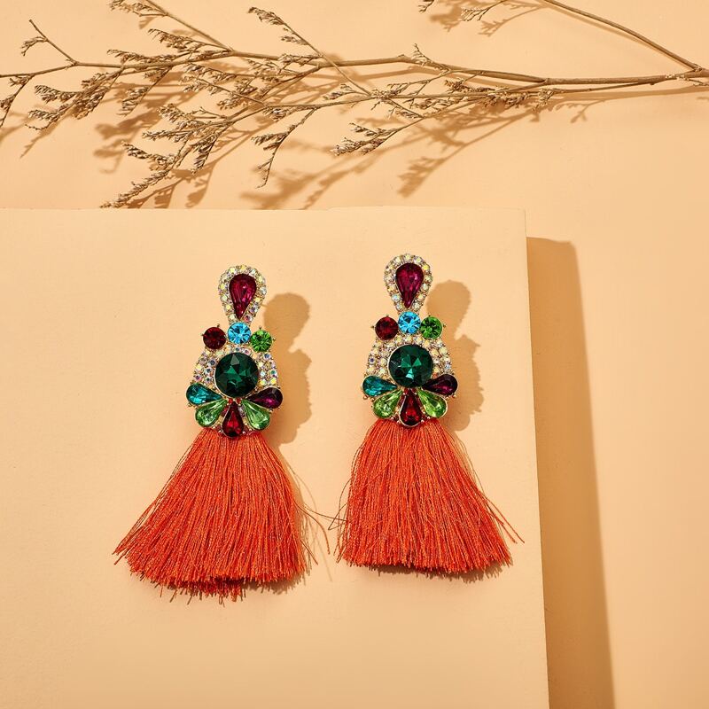 

Gemstone Engraved Tassel Drop Earrings, Red