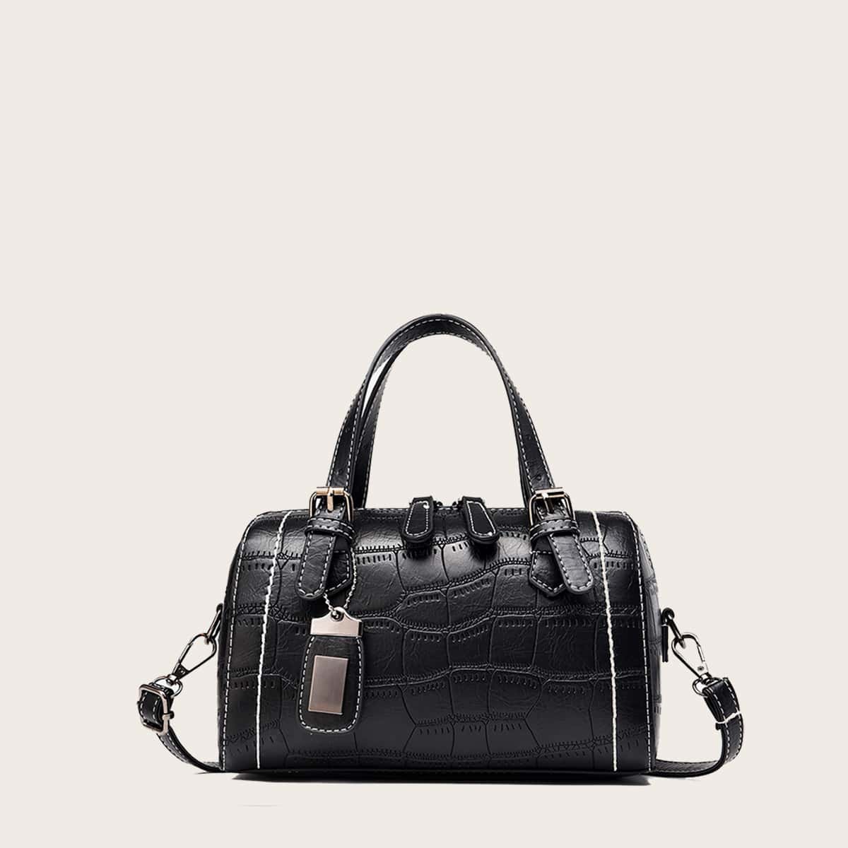 

Croc Embossed Satchel Bag, Black