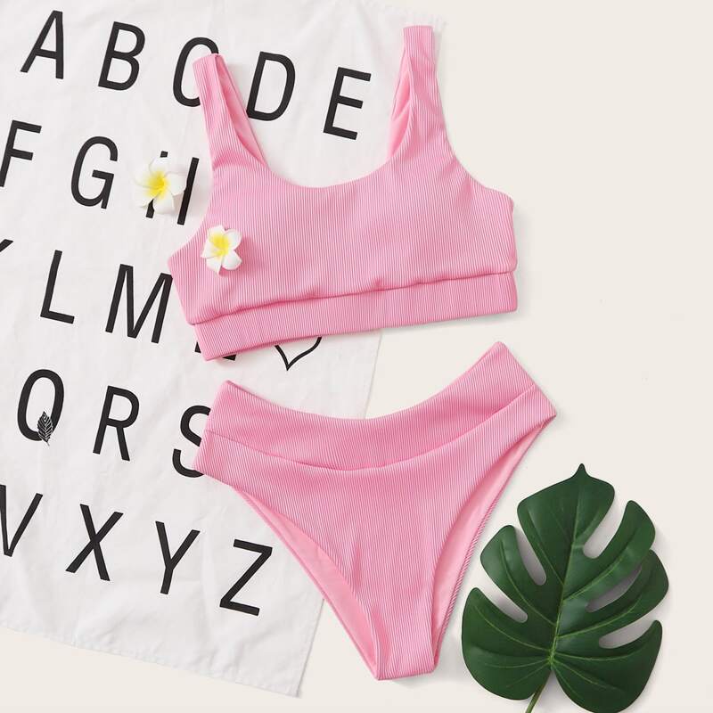 

Rib Plain Bikini Swimsuit, Baby pink