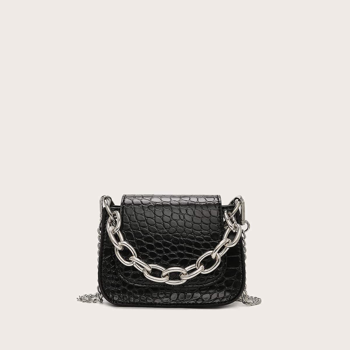 

Mini Croc Embossed Chain Satchel Bag, Black