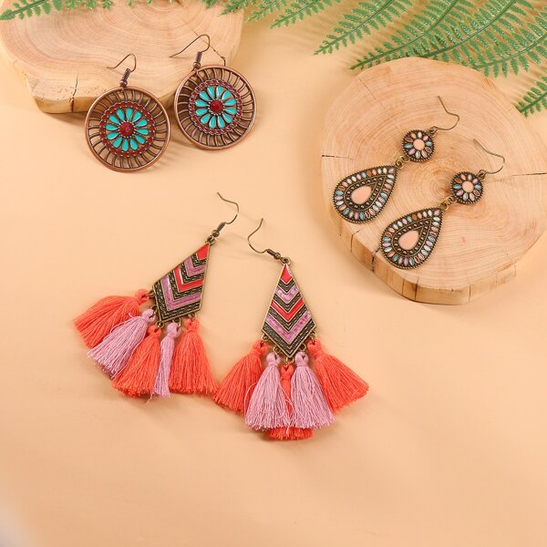 

3pairs Hollow Out Tassel Water Drop Earrings, Multicolor