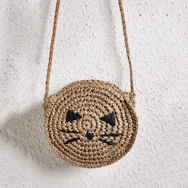 

Cat Graphic Woven Crossbody Bag, Brown