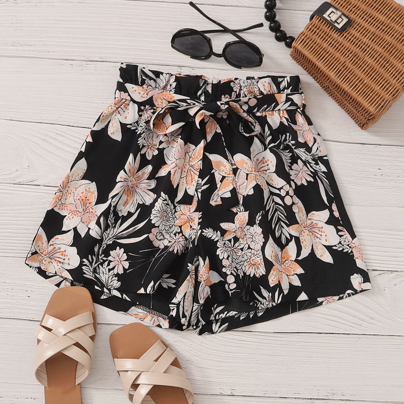 

Floral Paperbag Waist Shorts, Black