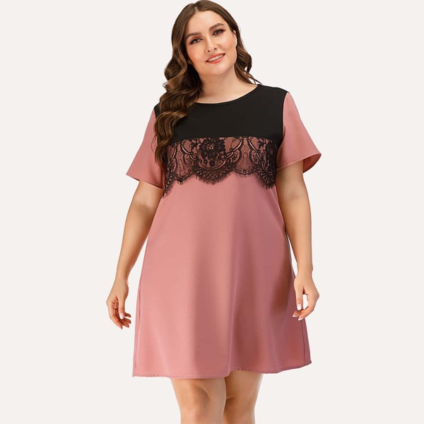 

Контрастное платье размера плюс с кружевом, Розовые