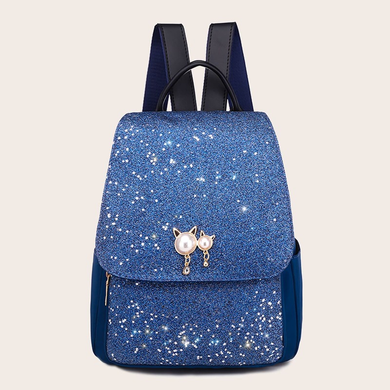 

Glitter Decor Flap Backpack, Blue
