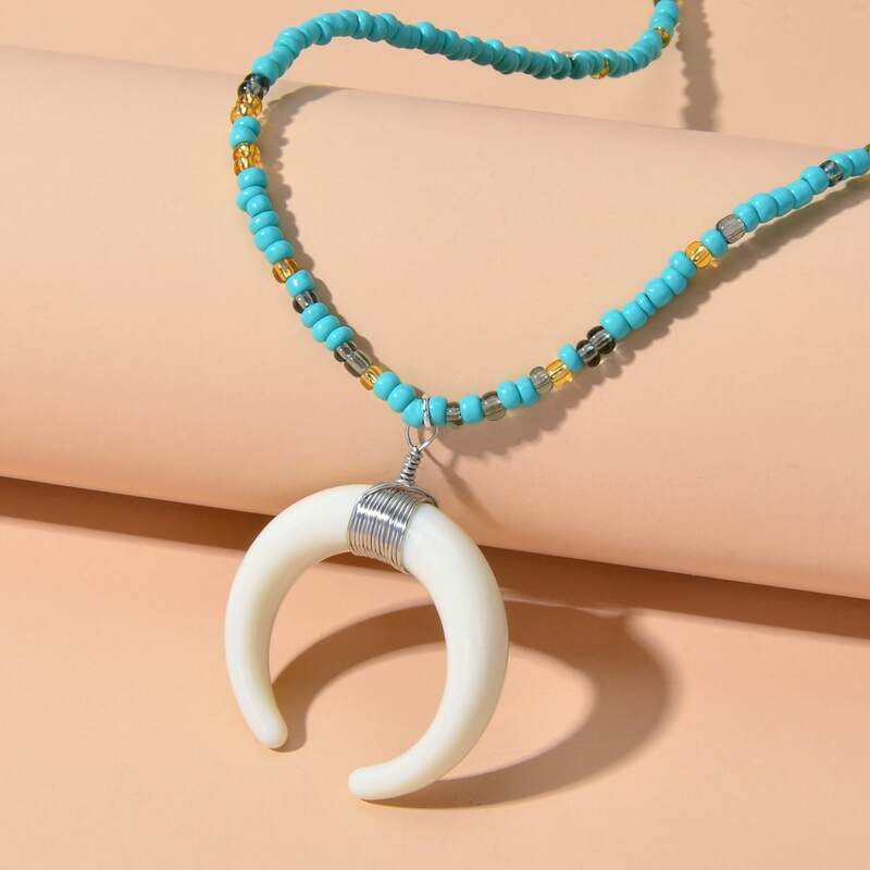 

1pc Horns Beaded Pendant Necklaces, Multicolor