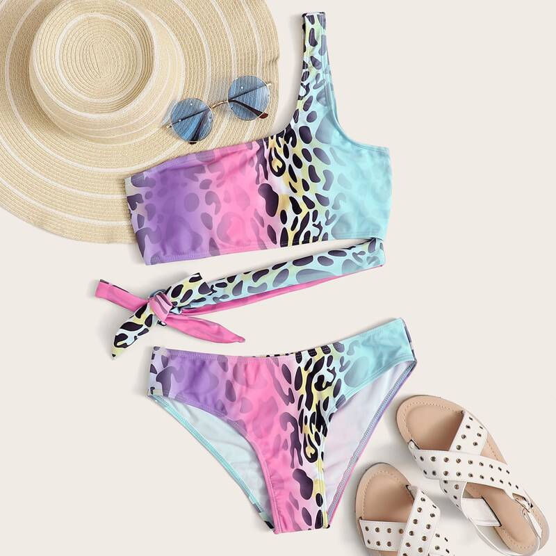 

Colorful Leopard One Shoulder Bikini Swimsuit, Multicolor