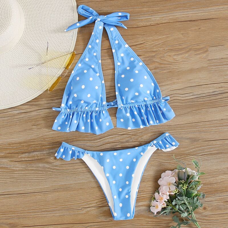 

Polka Dot Ruffle Tanga Bikini Swimsuit, Blue