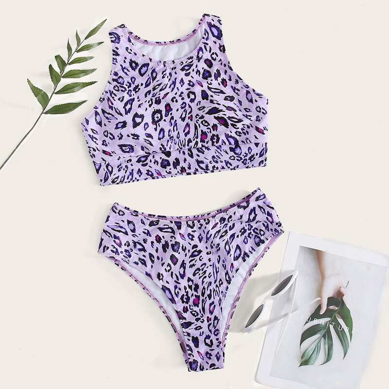 

Leopard High Waisted Bikini Swimsuit, Purple