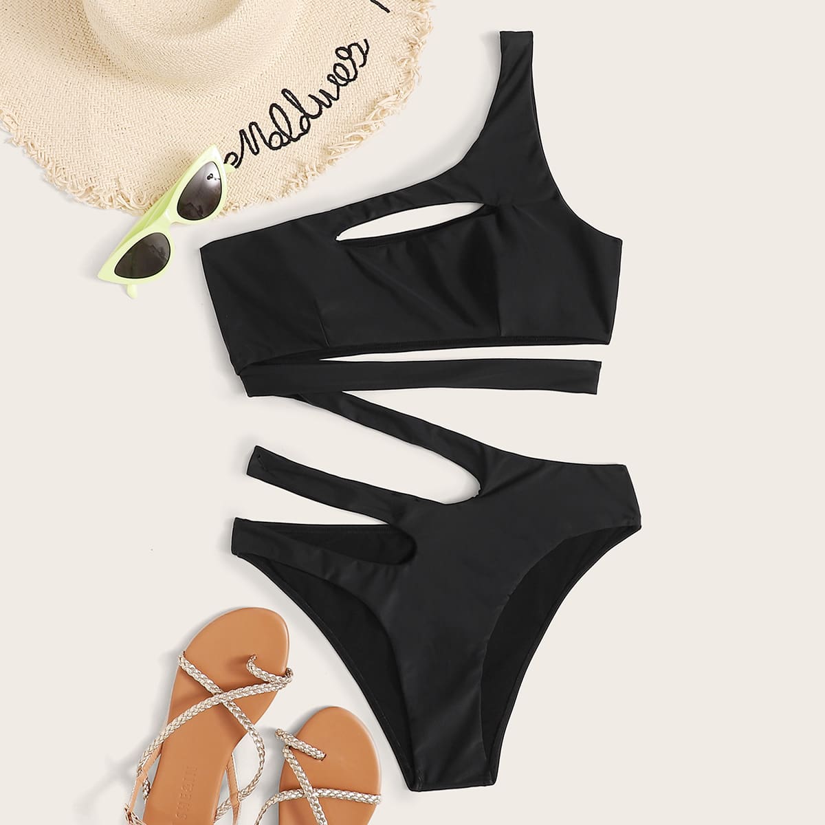 

Cut Out One Shoulder One Piece Swimsuit, Black