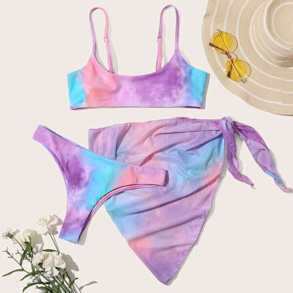 

Tie Dye Bikini Swimsuit With Tie Side Beach Skirt, Purple