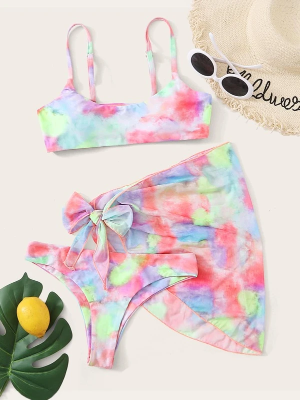 Tie Dye Bikini Swimsuit With Tie Side Beach Skirt Shein Usa