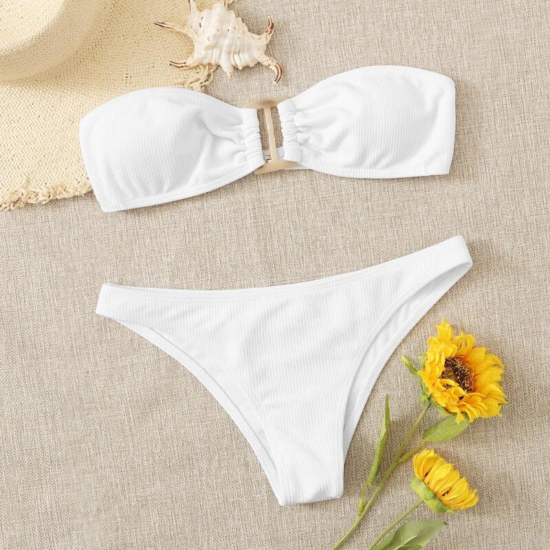 

Rib Buckle Bandeau Cheeky Bikini Swimsuit, White